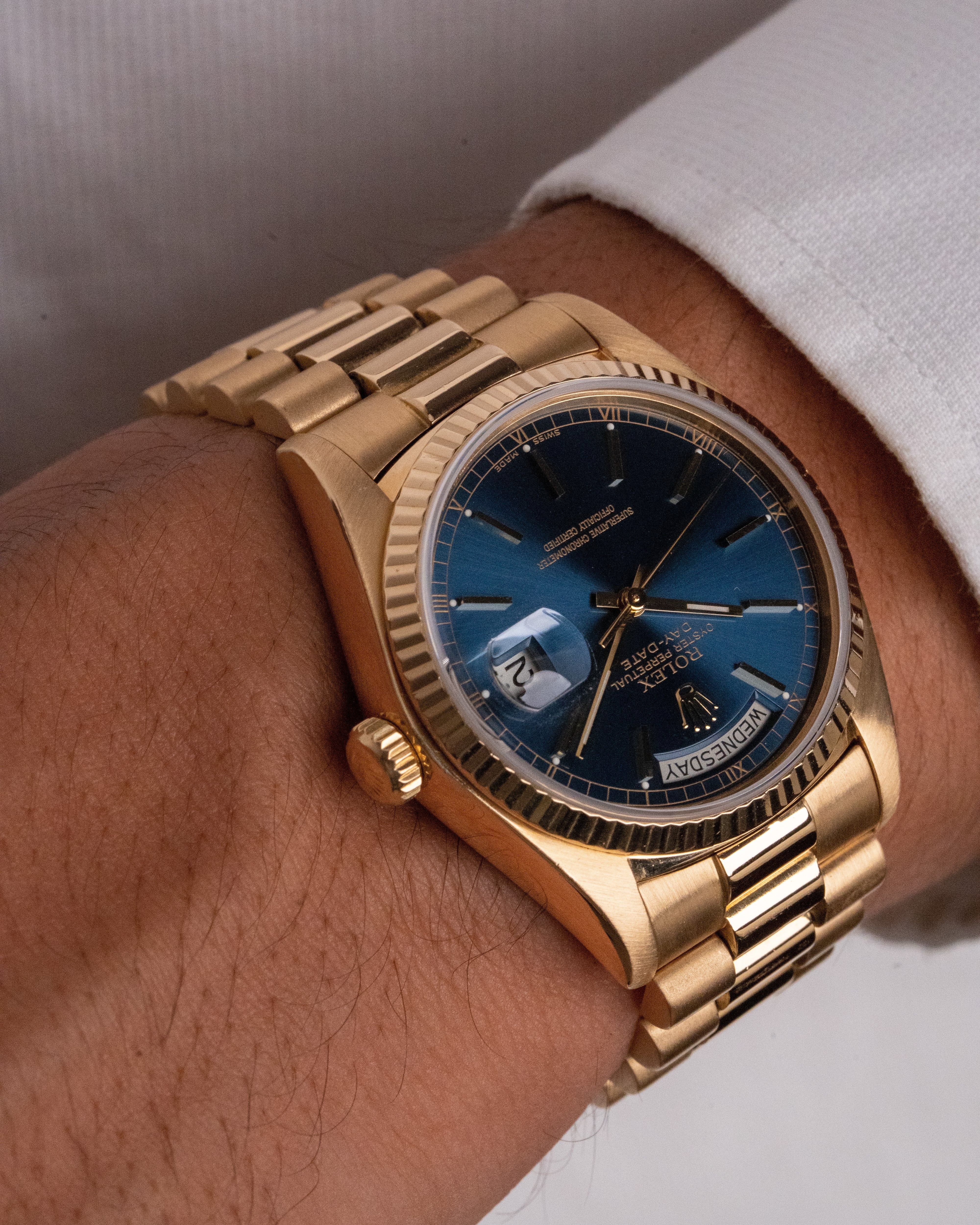 Rolex Daydate 36 Blue Soleil segunda mano - detalle de la esfera